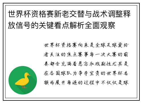 世界杯资格赛新老交替与战术调整释放信号的关键看点解析全面观察