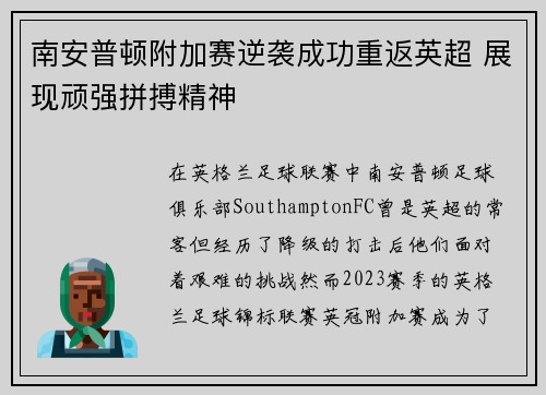 南安普顿附加赛逆袭成功重返英超 展现顽强拼搏精神 南安普顿附加赛逆袭成功重返英超 展现顽强拼搏精神