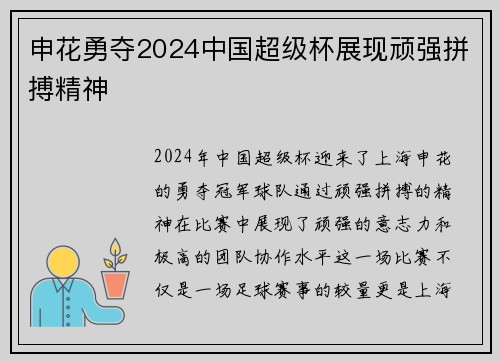 申花勇夺2024中国超级杯展现顽强拼搏精神